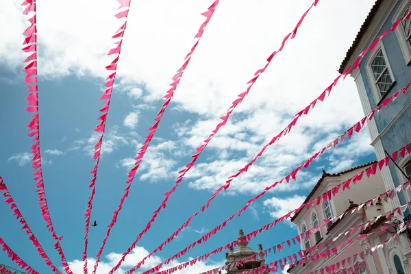 stock image Salvador, Bahia, Brazil - June 16, 2022: Decoration of the Pelourinho with colorful flags for the feast of Sao Joao, in Salvador, Bahia.