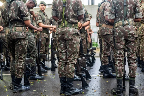 stock image Salvador, Bahia, Brazil - September 07, 2022: Army soldiers are waiting for the start of the Brazilian Independence Day parade in Salvador, Bahia.