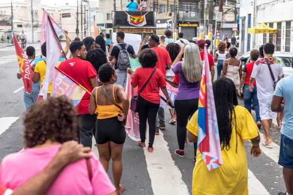 Salvador Bahia Brasil Outubro 2022 Manifestantes Caminham Com Cartazes Bandeiras — Fotografia de Stock