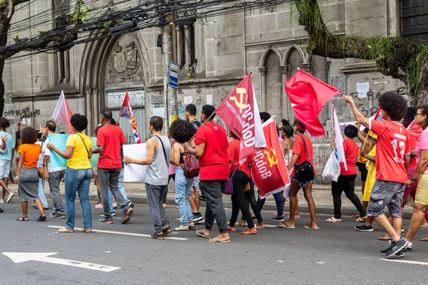 Salvador Bahia Brasil Outubro 2022 Manifestantes Caminham Com Cartazes Bandeiras — Fotografia de Stock