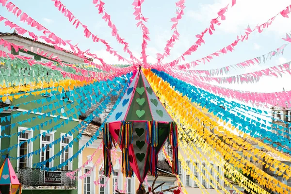 Stock image Salvador, Bahia, Brazil - June 16, 2022: Balloon and colorful flags decorate the Pelourinho for the feast of Sao Joao, in Salvador, Bahia.