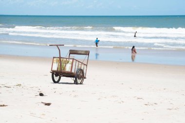 Valenca, Bahia, Brezilya - 27 Aralık 2022: İnsanlar Bahia 'nın Valenca kentindeki Guaibim plajında banyo yapıyor ve yürüyor.