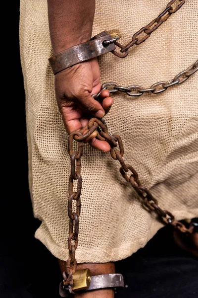 Black Woman Tied Old Rusty Chains Iron Mask Her Face — Stock Photo, Image