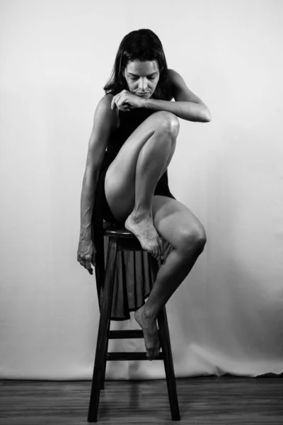 Black White Portrait Beautiful Model Sitting Wooden Stool Looking Isolated — Stock Photo, Image