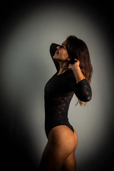 Studio Portrait Beautiful Sensual Brunette Model Wearing Black Lingerie Standing — Stock Photo, Image