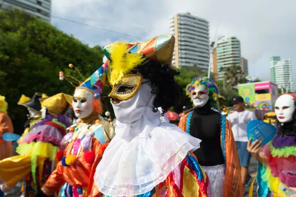 Salvador Bahia Brasilien Februar 2023 Maskierte Und Kostümierte Gruppen Parade — Stockfoto