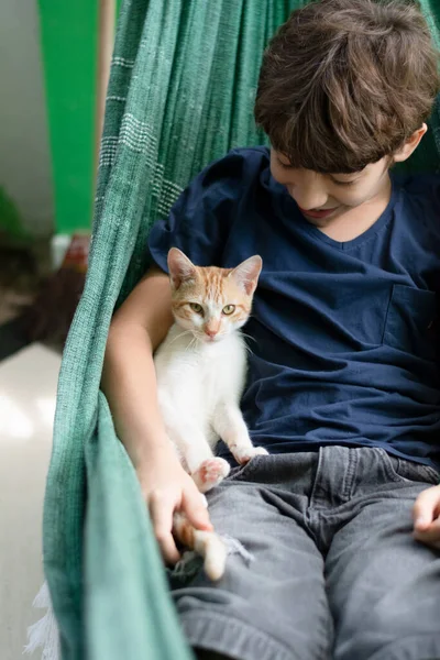 男孩在吊床上 他的宠物猫爱抚他 对动物的爱家猫 — 图库照片
