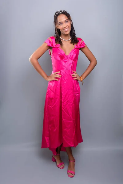 Teenage Girl Beautiful Happy Standing Wearing Pink Color Dress Isolated — Stock Photo, Image