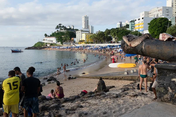 Salvador, Bahia, Brezilya - 25 Ağustos 2023: kalabalık Porto da Barra plajı manzarası. Bahia, Salvador şehri..