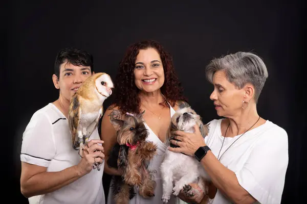 Three happy, confident lesbian women with their pets. An owl and Yorkshire and Shih Tzu dogs. Studio shot against black background.