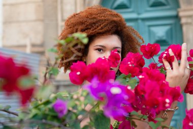Leylak ve yeşil yapraklı kırmızı çiçeklerin arasında güzel kızıl saçlı bir kadının yakın plan portresi. Huzur içinde ve doğayla uyum içinde olan biri..