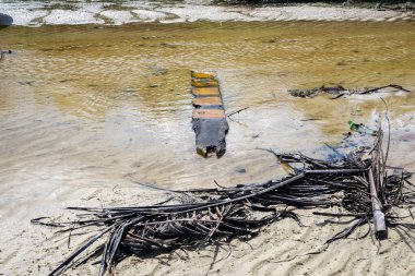 Sarı bir nehirde yüzen dallar ve odun parçaları. Ortam değişiyor.