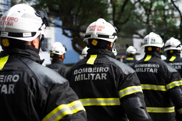 Salvador, Bahia, Brazil - September 07, 2023: Military firefighters are seen during the Brazilian Independence Day parade in the city of Salvador, Bahia.
