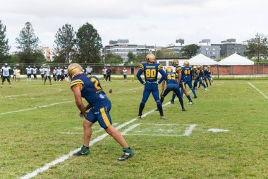 Camacari, Bahia, Brezilya - 30 Eylül 2023: Camacari, Bahia 'daki Armando Oliveira stadyumundaki iki Amerikan futbol takımı arasındaki maç.