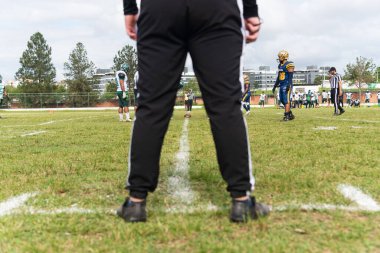 Camacari, Bahia, Brezilya - 30 Eylül 2023: Camacari, Bahia 'daki Armando Oliveira stadyumundaki iki Amerikan futbol takımı arasındaki maç.