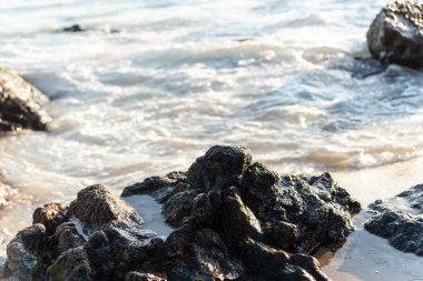 Deniz dalgaları sahildeki karanlık kayalara hafifçe vuruyor. Korunmuş ve canlı doğa.