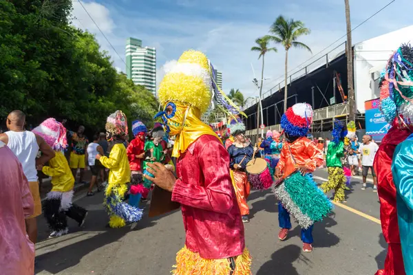 Salvador, Bahia, Brezilya - 11 Şubat 2023: Kültür grubu Zambiapunga, Bahia 'nın Salvador kentindeki karnaval öncesi Fuzue' de geçit töreninde görülüyor.