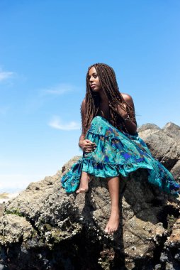 Mavi elbiseli ve örgülü saçlı güzel bir kadının portresi kumsalın kayalarında mavi gökyüzüne karşı oturuyordu..