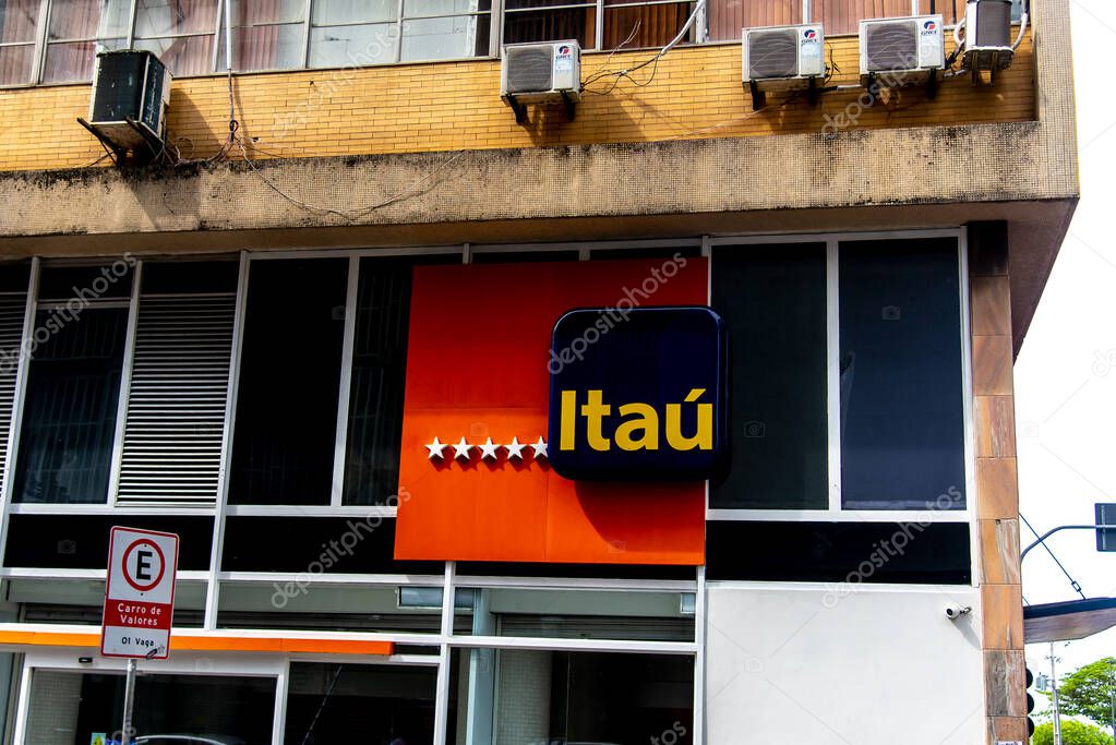 Salvador, Bahia, Brazil - January 05, 2024: Facade of the Itau bank located in the commercial district in the city of Salvador, Bahia.