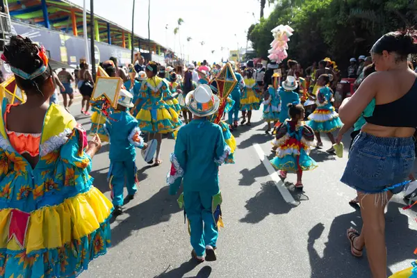 Salvador, Bahia, Brezilya - 3 Şubat 2024: Bahia kentindeki Fuzue karnaval öncesi geçit töreninde kültür grupları dans ederken görülüyor.