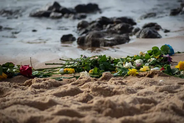 Deniz kıyısındaki kumsalda renkli çiçekler, kayalıkların yanındaki su. Iemanja 'ya haraç.