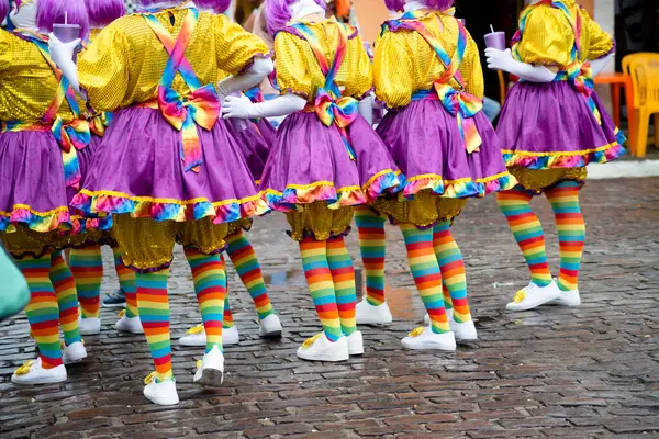 Maragogipe, Bahia, Brezilya - 11 Şubat 2024: Bahia 'daki Maragogipe kentindeki karnaval sırasında kostüm ve maskeli bir grup insanın eğlendiği görülüyor.