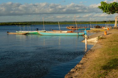 Kanolar büyük bir nehre kenetlendi. Santiago iguape yap, Bahia.