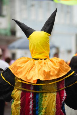 Maragogipe, Bahia, Brezilya - 11 Şubat 2024: Bahia 'nın Maragogipe kentindeki karnaval sırasında farklı stillerde maskeli insanların oynadığı görülüyor.
