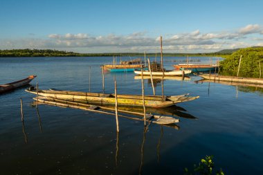 Kanolar büyük bir nehre kenetlendi. Santiago iguape yap, Bahia.