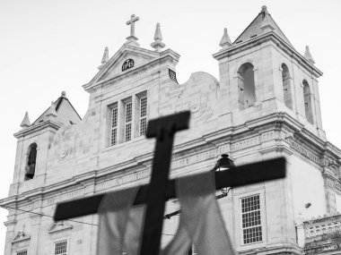 Salvador, Bahia, Brezilya - 19 Nisan 2019: Katolikler Bahia 'nın Salvador kentindeki Paskalya haftası geçit töreninde Pelourinho' da görüldü..