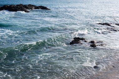 Küçük köpüklü dalgalarla dolu bir sahil kenarında. Güneşli gün, sakin deniz suyu.