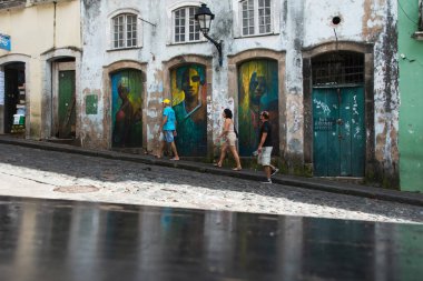 Salvador, Bahia, Brazil - July 06, 2019: Tourists are seen strolling through the streets of Pelourinho, the historic center of the city of Salvador, Bahia. clipart