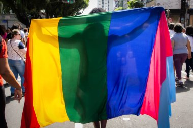 Salvador, Bahia, Brezilya - 13 Ağustos 2019: Öğrenciler, Bahia 'nın Salvador kentinde Cumhurbaşkanı Jair Bolsonaro' nun eğitim kesintilerine karşı düzenlenen bir protesto sırasında bayraklarla görülüyor.