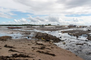 Itacare, Bahia, Brezilya - 04 Mayıs 2019: Bahia 'daki Itacare şehrinin kanalizasyonunda balıkçı tekneleri ve akbabaların görüntüsü.