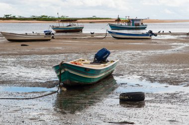 Itacare, Bahia, Brezilya - 04 Mayıs 2019: Bahia 'daki Itacare kentinde balıkçı teknelerinin görüntüsü durdu.