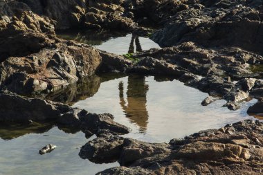 Sahildeki kayaların arasındaki suda bir insanın yansıması. Bahia Brezilya