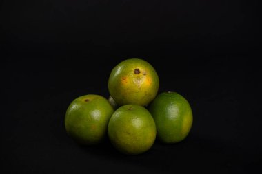 Siyah arkaplanda hala yeşil portakallar var. Sağlıklı yeme kavramı.