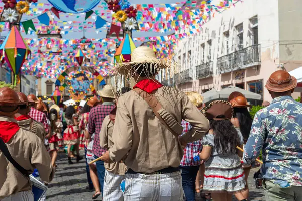 stock image Salvador, Bahia, Brazil - June 02, 2024: Cultural group of Cangaceiros are seen parading during the independence festival in Bahia. City of Salvador.