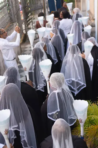 stock image Salvador, Bahia, Brazil - July 02, 2024: Women from the black brotherhood are seen in character outside the Rosario dos Pretos church in Pelourinho in the city of Salvador, Bahia.