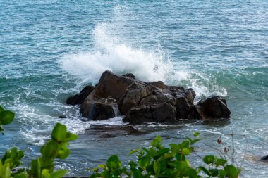 Deniz kıyısındaki bir kayanın üzerinde güçlü deniz dalgaları kırılıyor. Doğayı yaşa. Çevre. Brezilya.