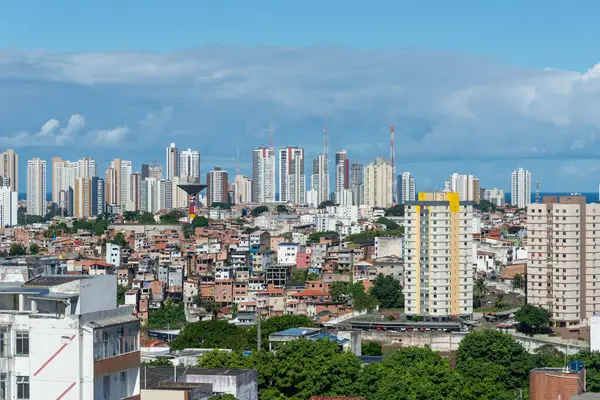 Salvador, Bahia, Brezilya - 19 Temmuz 2024: Güneşli bir günde Salvador, Bahia 'nın merkezindeki binaların ve konutların manzarası.