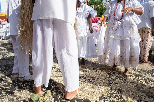 stock image Salvador, Bahia, Brazil - August 16, 2019: Candomble followers are seen paying homage during the day of Sao Roque. City of Salvador, Bahia.