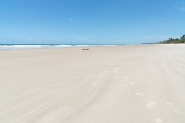 Itacare, Bahia, Brezilya - 30 Kasım 2019: Bahia 'daki Itacare şehrinde güçlü güneş ışığı alan güzel bir plaj manzarası.