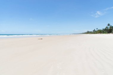 Itacare, Bahia, Brezilya - 30 Kasım 2019: Bir turist, Bahia 'nın Itacare kentindeki bir plajın kumsalında, güneşin altında eğlenirken görülüyor.