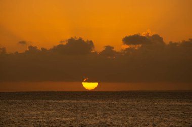 Sarı ve turuncu renklerle güzel dramatik bir gün batımı. Doğanın bir gösterisi. Korunmuş ortam.