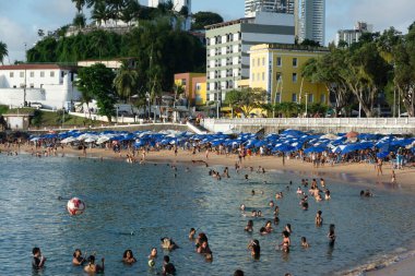 Salvador, Bahia, Brezilya - 14 Eylül 2024: Yüzlerce turist, Bahia 'nın Salvador kentindeki Barra limanında yüzerken görüldü.
