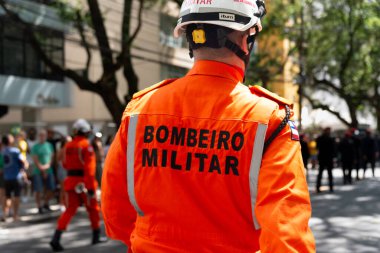 Salvador, Bahia, Brazil - September 07, 2024: Firefighters are seen parading during Brazilian Independence Day. Salvador, Bahia. clipart