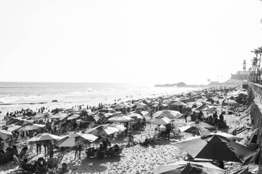 Salvador, Bahia, Brezilya - 05 Ocak 2025: Kalabalık Farol da Barra plajında eğlenirken ve denizde banyo yaparken görülüyor. Salvador, Bahia. 