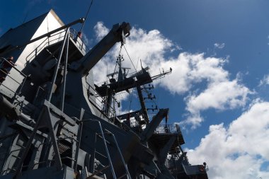 Salvador, Bahia, Brazil - January 26, 2025: View of a Navy ship open for visits in the port of the city of Salvador, Bahia, Brazil. clipart