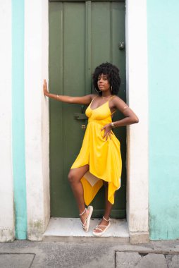 Afro saçlı, sarı elbiseli, yeşil kapıya dayanmış fotoğraf için poz veren güzel siyahi kadın portresi. Yolculukta mutlu insan.